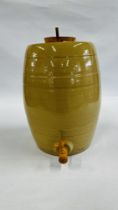 A LARGE STONEWARE FLAGON WITH CORK & TOP, HEIGHT 44CM.