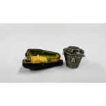 A VINTAGE SILVER BOX IN THE FORM OF A TAPERING BUCKET AND A VINTAGE SILVER MOUNTED CHEROOT IN A