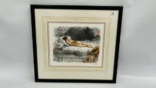 A FRAMED LITHOGRAPH OF A RECLINING FEMALE NUDE BEARING SIGNATURE A. CALBERT - W 36CM X H 29CM.