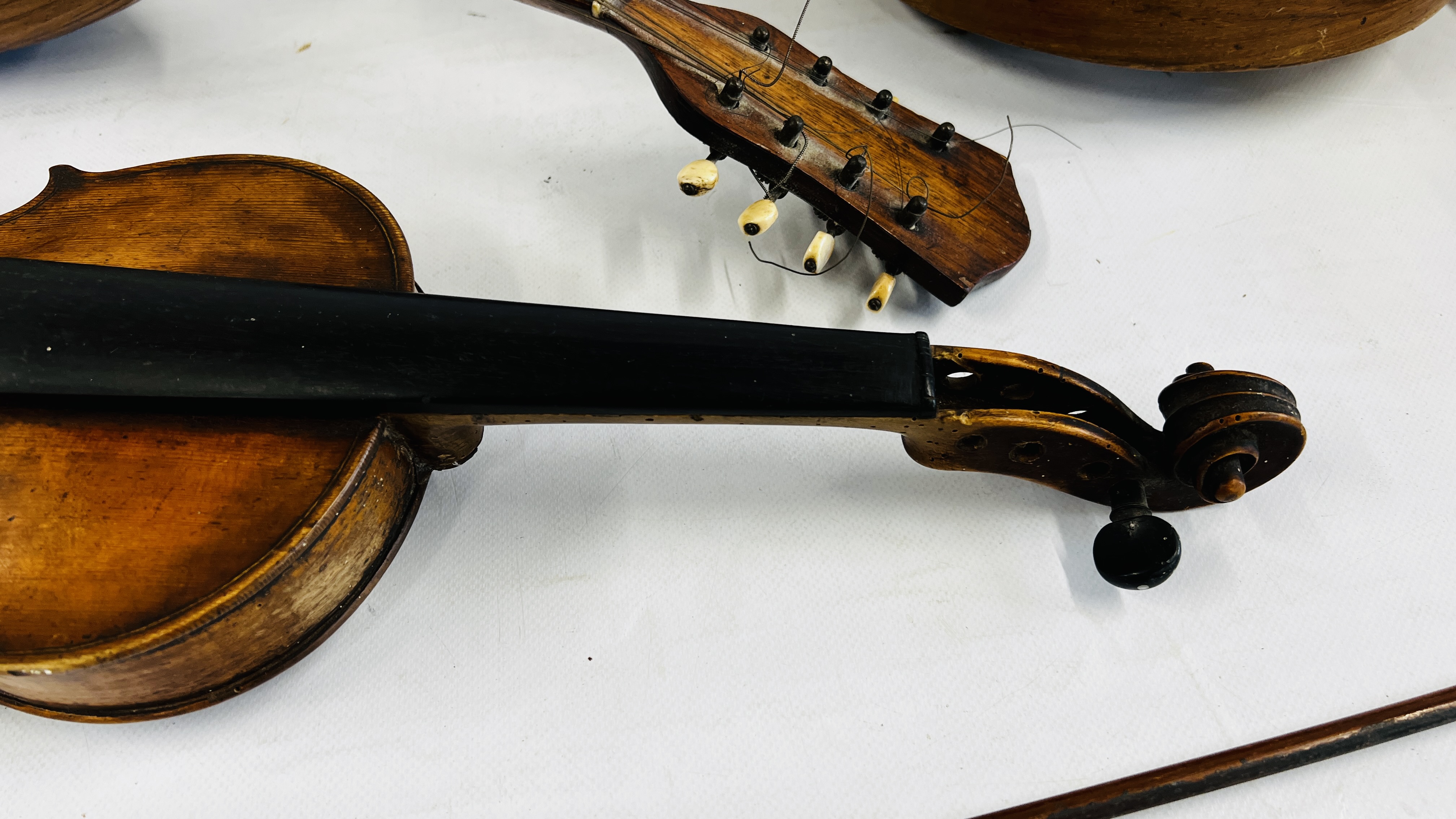 A VINTAGE ITALIAN MANDOLIN, TWO VIOLINS, BANJO AND A VIOLIN CASE A/F. - Image 3 of 15