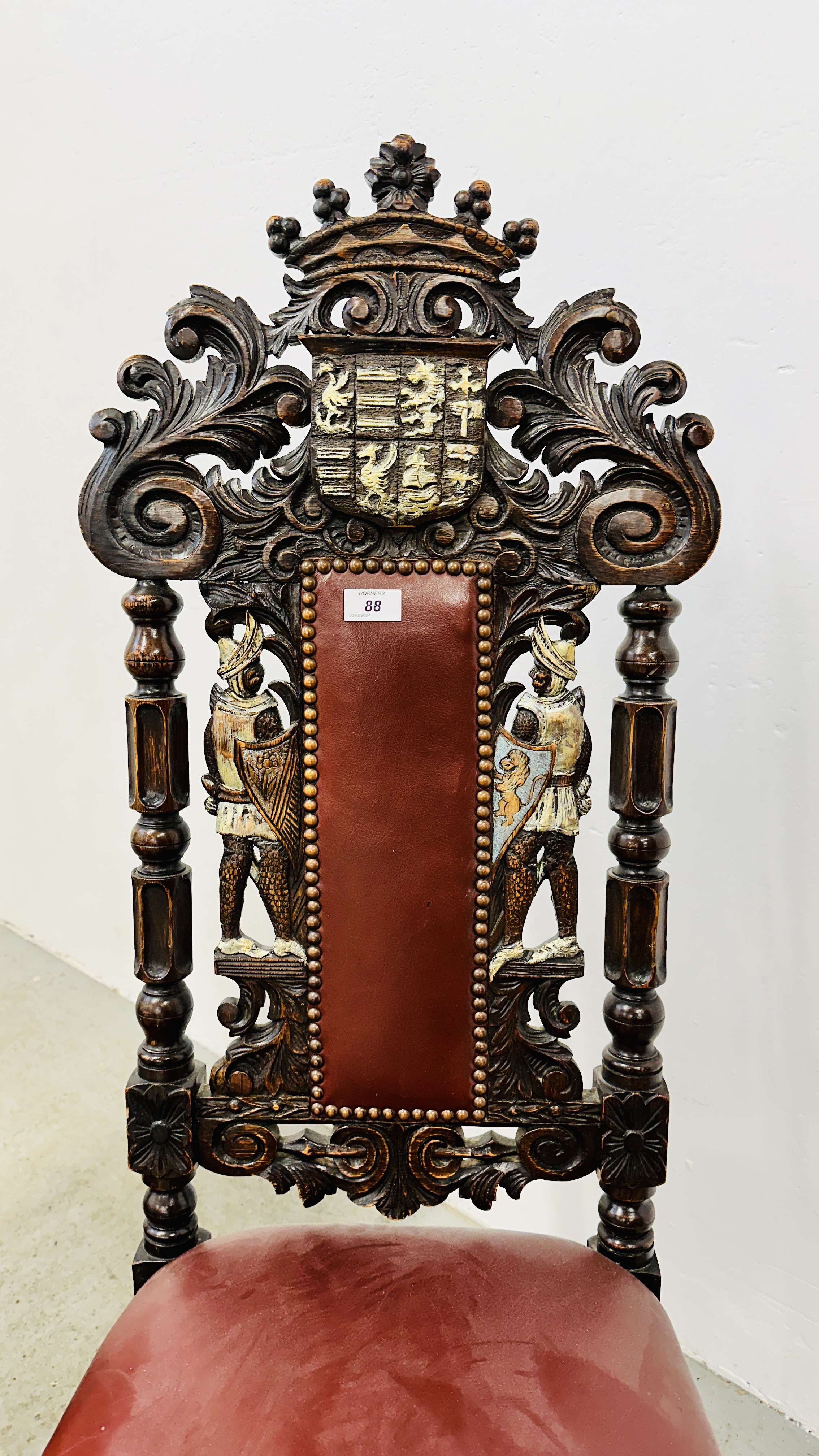 A SET OF 4 OAK FRAMED DINING CHAIRS WITH HEAVILY CARVED DETAIL BEARING CREST AND TWO KNIGHTS, - Image 6 of 12