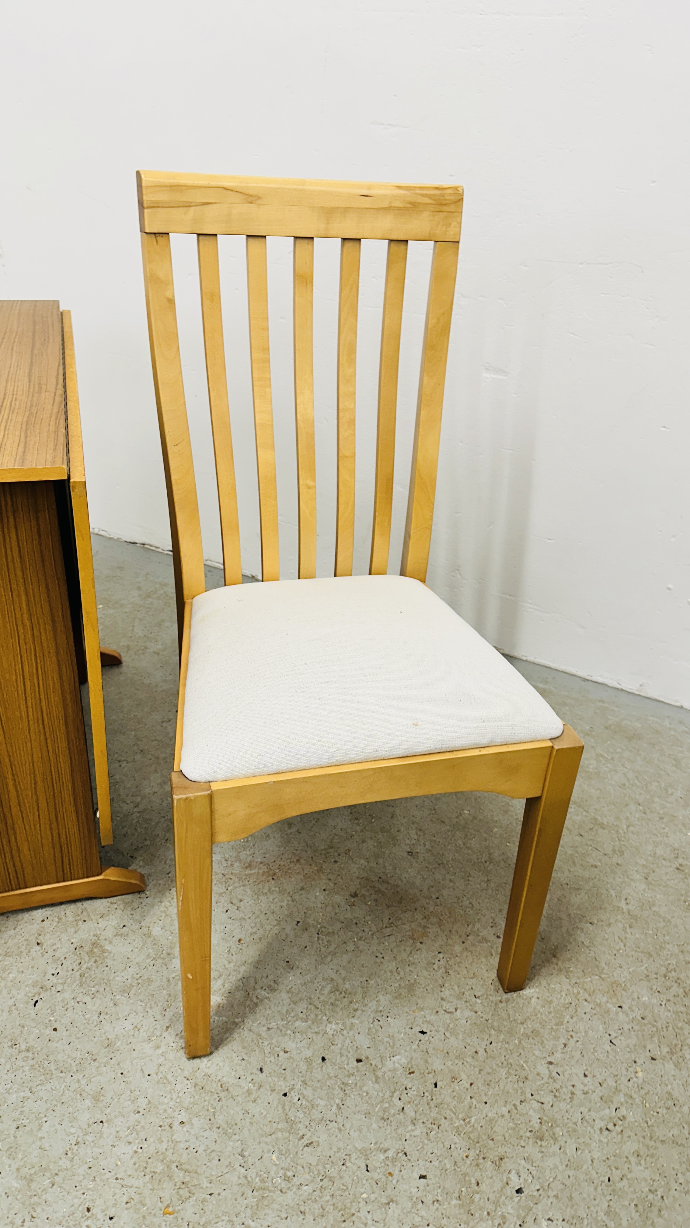 PAIR OF UPHOLSTERED SEATED BEECH WOOD DINING CHAIRS ALONG WITH A DROP FLAP LAMINATE TOPPED DINING - Image 3 of 5