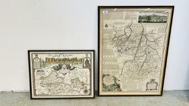 EMAN BOWEN FRAMED MAP OF CAMBRIDGESHIRE 73 X 54CM ALONG WITH FRAMED SPEED MAP OF BERKSHIRE 40 X