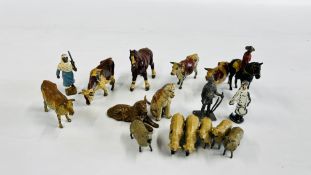 GROUP OF VINTAGE LEAD FIGURES AND ANIMALS INCLUDING BRITAINS AND JOHN HILL.