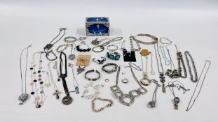 SELECTION OF SILVERTONE COSTUME JEWELLERY ALONG WITH A JEWELLERY BOX FULL OF BEADED NECKLACES.