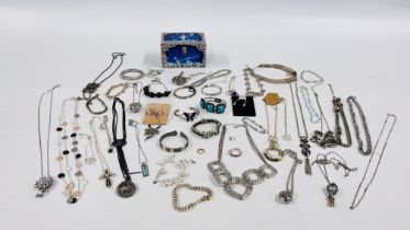 SELECTION OF SILVERTONE COSTUME JEWELLERY ALONG WITH A JEWELLERY BOX FULL OF BEADED NECKLACES.