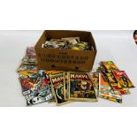 A BOX OF MIXED MARVEL AND DC COMICS.