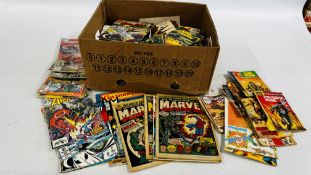 A BOX OF MIXED MARVEL AND DC COMICS.