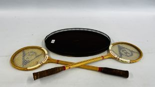 TWO VINTAGE DUNLOP SQUASH RACKETS ALONG WITH A OVAL GALLERY TRAY.