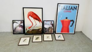 A GROUP OF EIGHT VARIOUS POSTERS AND PRINTS INCLUDING ITALIAN COFFEE, FLAMINGO AND EXOTIC BIRDS.