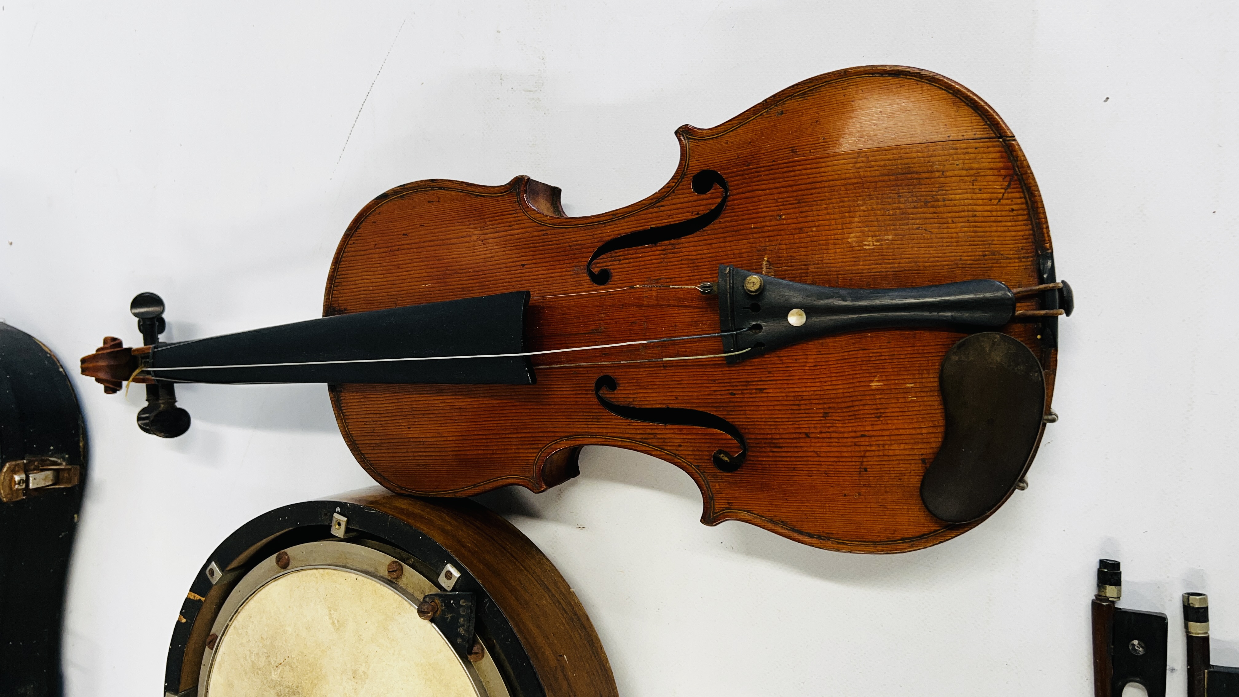 A VINTAGE ITALIAN MANDOLIN, TWO VIOLINS, BANJO AND A VIOLIN CASE A/F. - Image 8 of 15