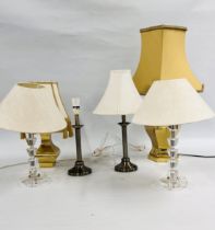 A HEXAGONAL BRASS TABLE LAMP ALONG WITH A FURTHER BRASS BASED LAMP,