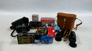 A BOX OF CAMERAS AND LENSES TO INCLUDE PENTAX 70-200MM F4 LENS, PENTAX P30R CAMERA AND CASE,