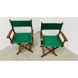 A PAIR OF HARDWOOD FRAMED FOLDING DIRECTORS STYLE CHAIRS.