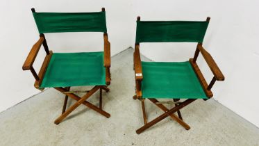 A PAIR OF HARDWOOD FRAMED FOLDING DIRECTORS STYLE CHAIRS.