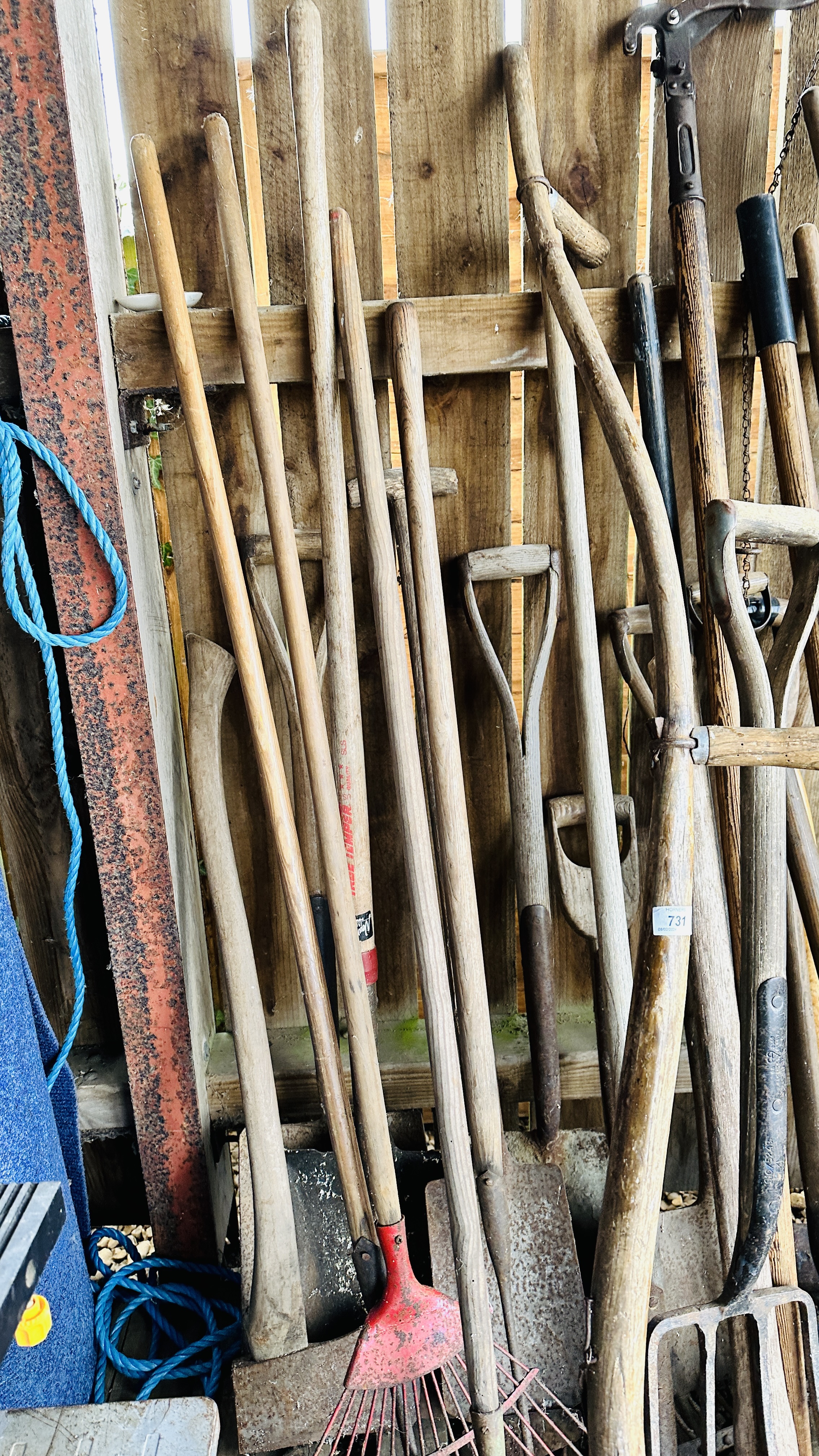 A LARGE QUANTITY OF VINTAGE GARDENING HAND TOOLS TO INCLUDE SPADES, SHOVELS, SYTHES, - Image 5 of 5