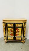 A HAND CRAFTED BOW FRONT BAR CABINET WITH HINGED TOP CONCEALING A CARVED SCENE OF ORIENTAL WOMEN,