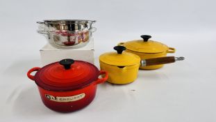 3 X LE CREUSET CAST PANS ALONG WITH A STAINLESS STEEL STEAMER.