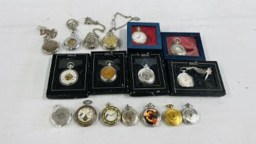 17 SILVER PLATED POCKET WATCHES, SOME NEW AND BOXED.
