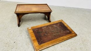 FOLDING MAHOGANY ADJUSTABLE DESK STAND ALONG WITH ANTIQUE MAHOGANY SLOPED WRITING STAND - REQUIRES