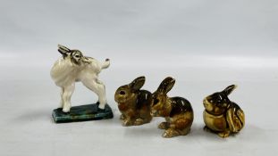 3 CONTINENTAL RABBIT FIGURES H 5.5CM ALONG WITH A FIGURE OF A GOAT KID.