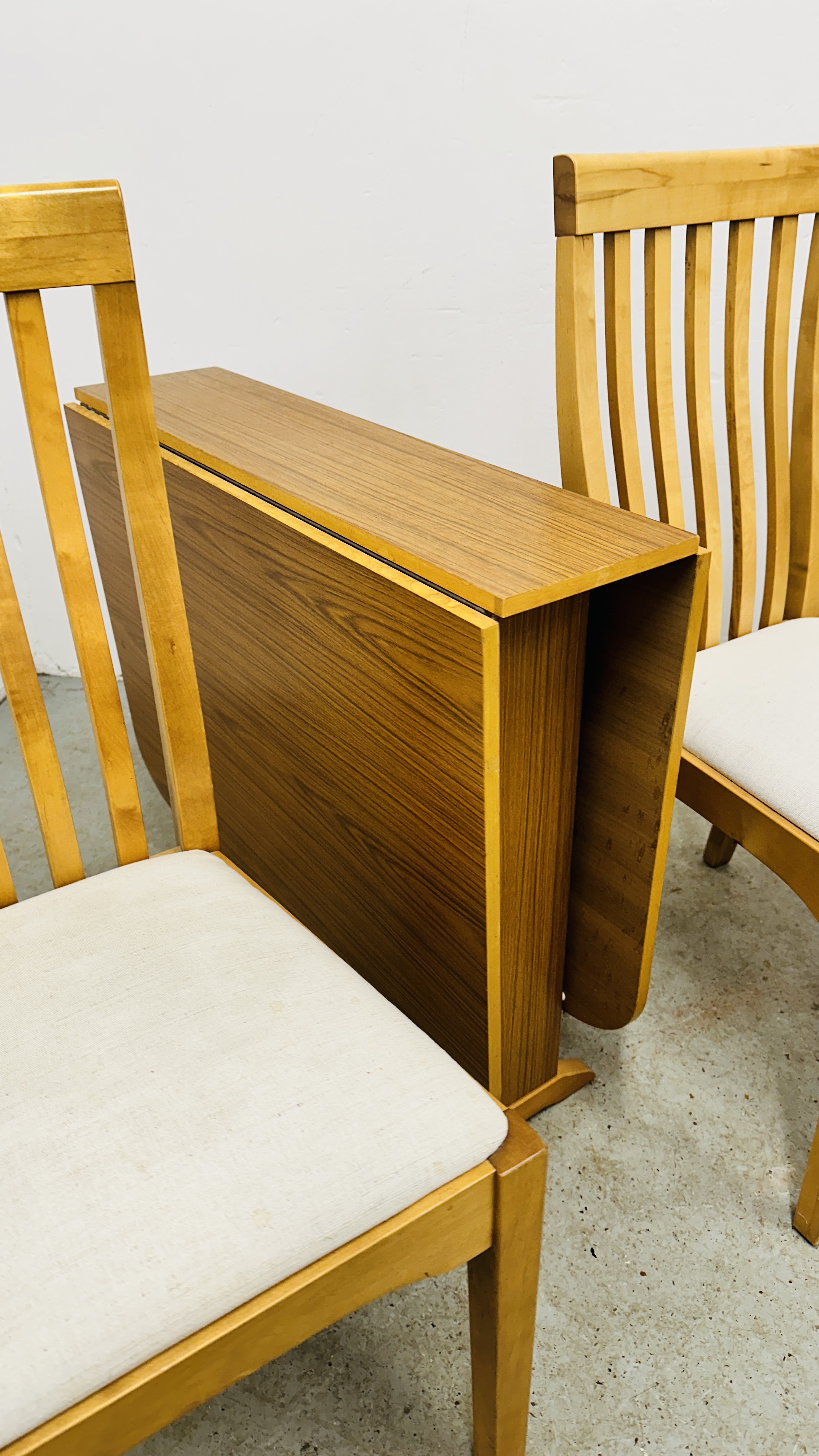 PAIR OF UPHOLSTERED SEATED BEECH WOOD DINING CHAIRS ALONG WITH A DROP FLAP LAMINATE TOPPED DINING - Image 5 of 5