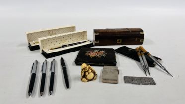 A BOX OF COLLECTIBLES TO INCLUDE PARKER PENS, DARTS AND LIGHTER, REPRODUCTION BUDDHA,