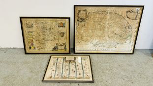 EMAN BOWEN FRAMED MAP OF NORFOLK 56 X 74CM ALONG WITH FRAMED MAP OF NORTHAMPTONSHIRE 43 X 55CM AND