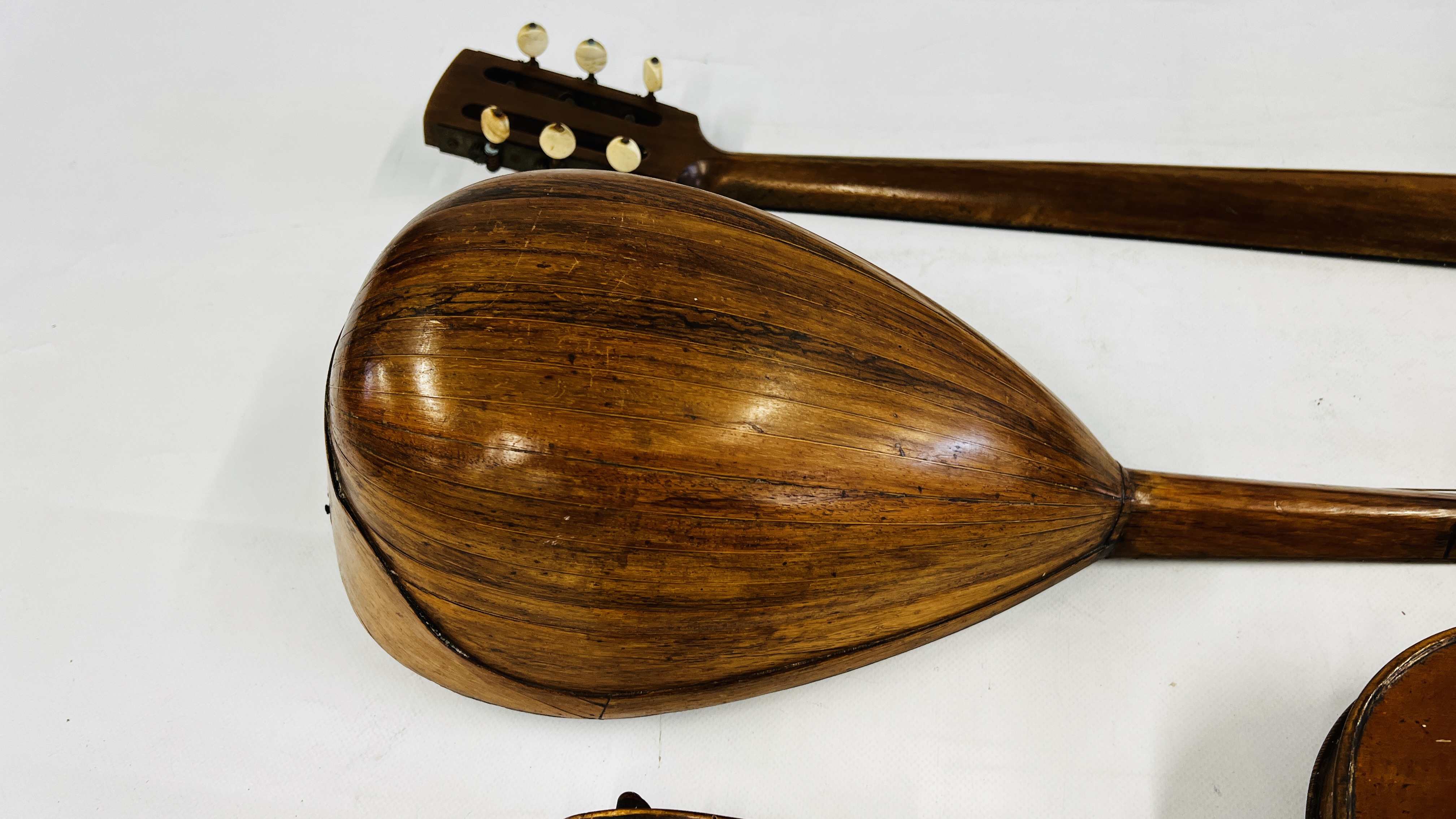 A VINTAGE ITALIAN MANDOLIN, TWO VIOLINS, BANJO AND A VIOLIN CASE A/F. - Image 14 of 15