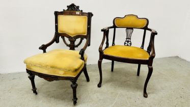 TWO ANTIQUE MAHOGANY SIDE CHAIRS WITH YELLOW UPHOLSTERED SEATS AND BACKS INCLUDING ELBOW WITH