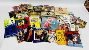 A BOX CONTAINING BURLESQUE, FETTISH AND EROTIC CONTENT MAGAZINES AND BOOKS INCLUDING VINTAGE.
