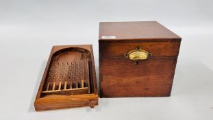 WOODEN PIN BALL MACHINE / GAME AND A VINTAGE STORAGE BOX.