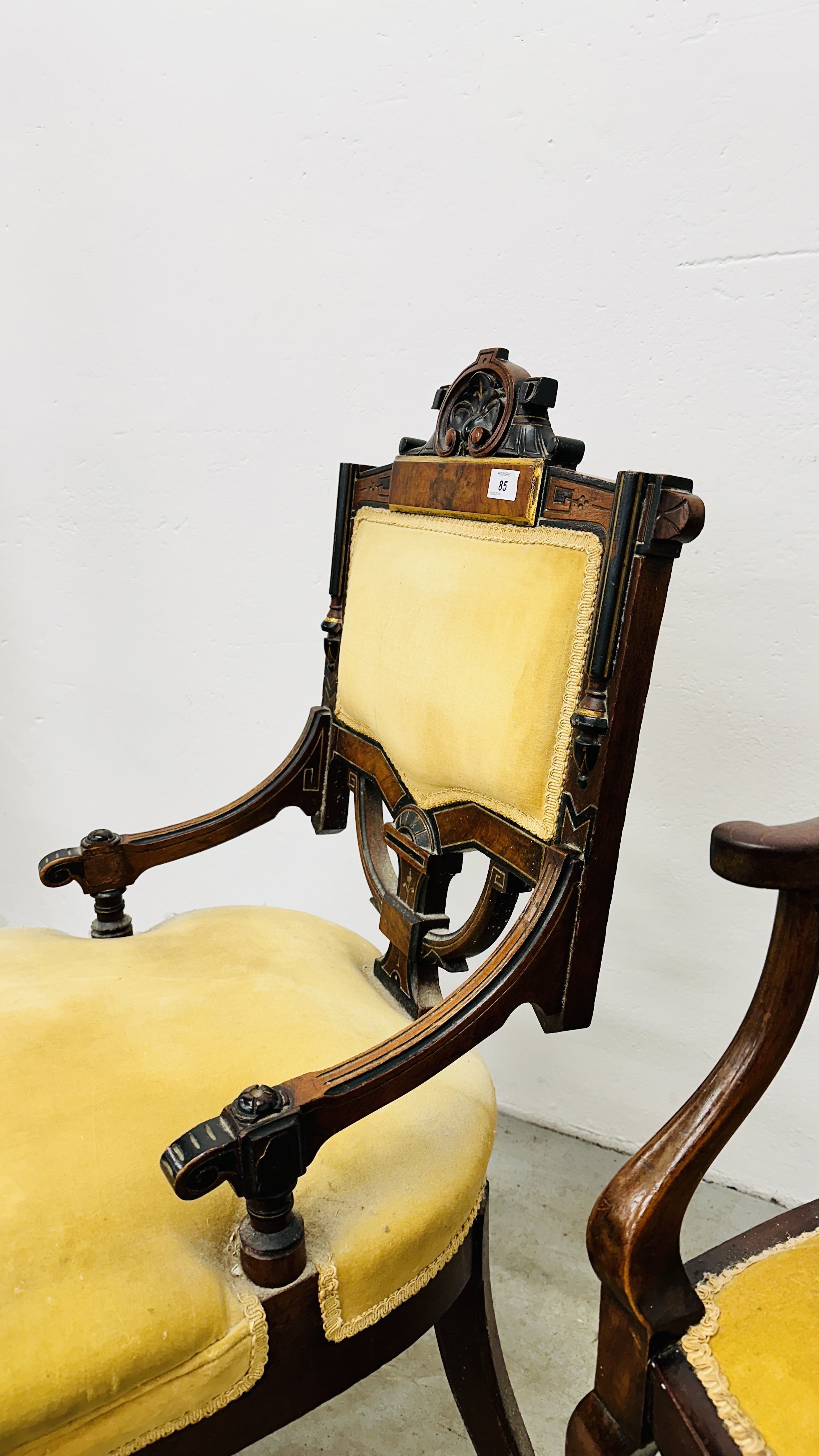 TWO ANTIQUE MAHOGANY SIDE CHAIRS WITH YELLOW UPHOLSTERED SEATS AND BACKS INCLUDING ELBOW WITH - Image 4 of 11