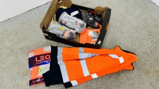 24 PAIRS OF PORTWEST WORK GLOVES, WARRIOR HI-VIZ JACKET, RETROMAX HI-VIZ TROUSERS, KNEE PADS, ETC.