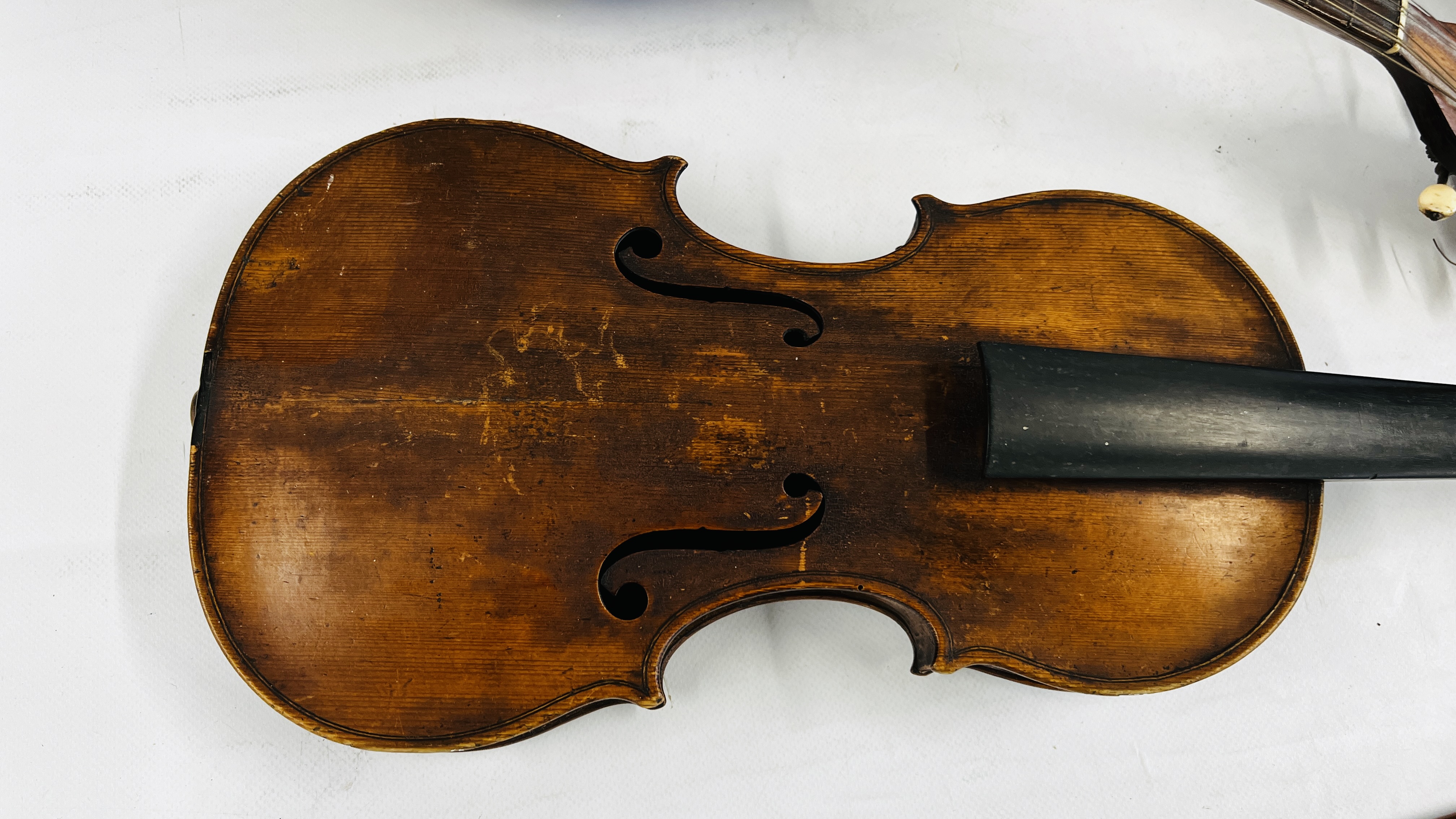 A VINTAGE ITALIAN MANDOLIN, TWO VIOLINS, BANJO AND A VIOLIN CASE A/F. - Image 2 of 15