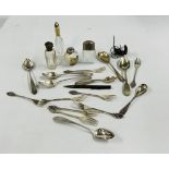 A GROUP OF SILVER AND WHITE METAL FLATWARE TO INCLUDE SPOONS AND PICKLE FORKS,