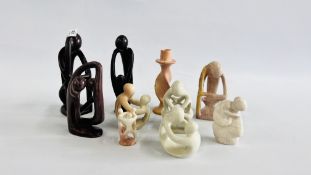 A SELECTION OF SOAP STONE SCULPTURES.