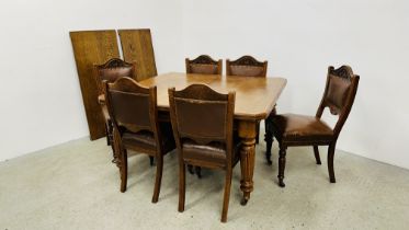 SOLID OAK ANTIQUE EXTENDING DINING TABLE WITH WIND OUT ACTION AND TWO EXTENSION LEAVES,