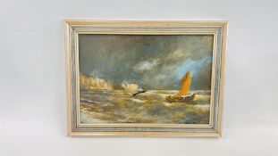 OIL ON BOARD OF COASTAL SCENE BEARING SIGNATURE ERIC SEELEY 37CM X 25CM.