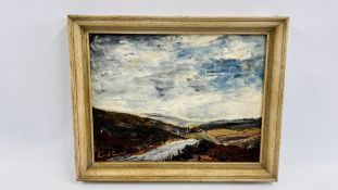 OIL ON BOARD POST WAR OF YORKSHIRE MOORS SCENE BEARING SIGNATURE RICHARD DIMMOCK 36CM X 27CM.