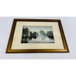 A FRAMED AND MOUNTED WATERCOLOUR DEPICTING A BROADLAND SAILING BOAT SCENE BEARING SIGNATURE