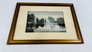 A FRAMED AND MOUNTED WATERCOLOUR DEPICTING A BROADLAND SAILING BOAT SCENE BEARING SIGNATURE