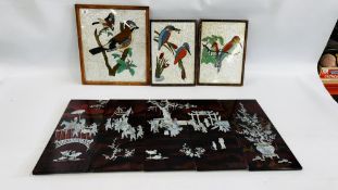 5 ORIENTAL LACQUERED PANELS EACH 19CM X 49CM + 3 FRAMED PAINTINGS ON GLASS OF BIRDS.