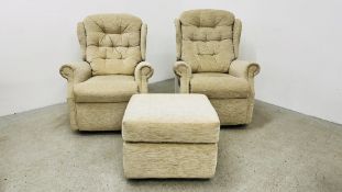 A PAIR OF GOOD QUALITY FAWN UPHOLSTERED RECLINING EASY CHAIRS.