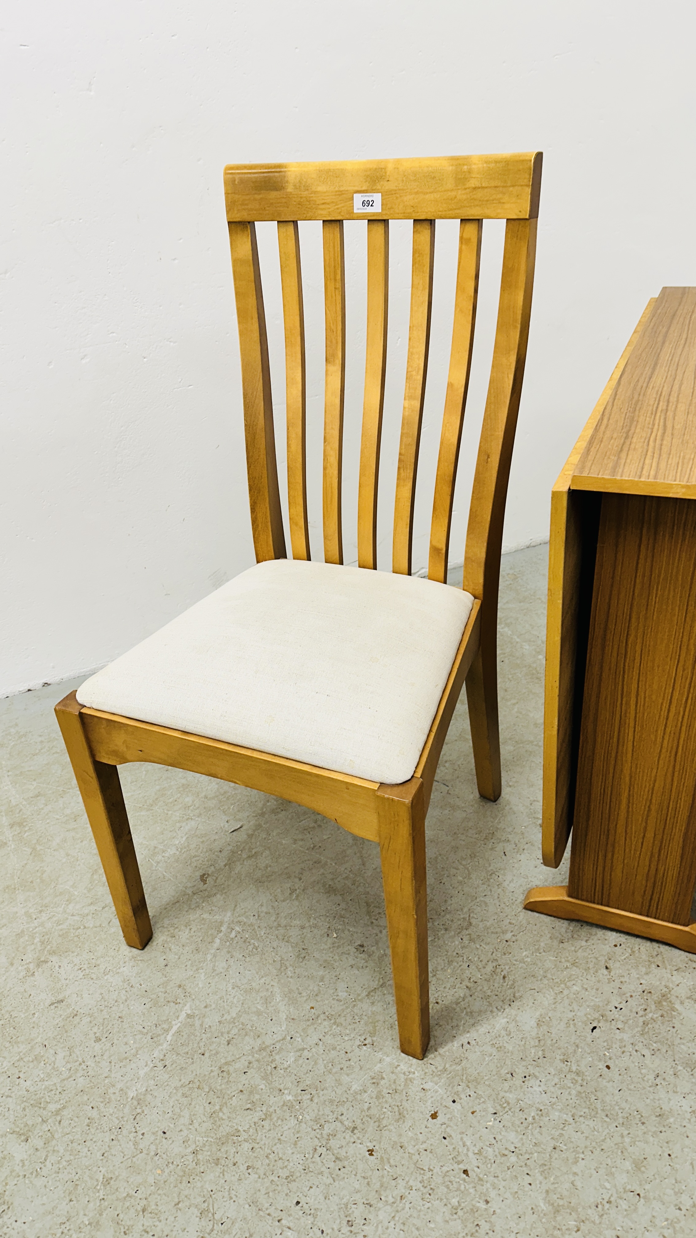 PAIR OF UPHOLSTERED SEATED BEECH WOOD DINING CHAIRS ALONG WITH A DROP FLAP LAMINATE TOPPED DINING - Image 2 of 5