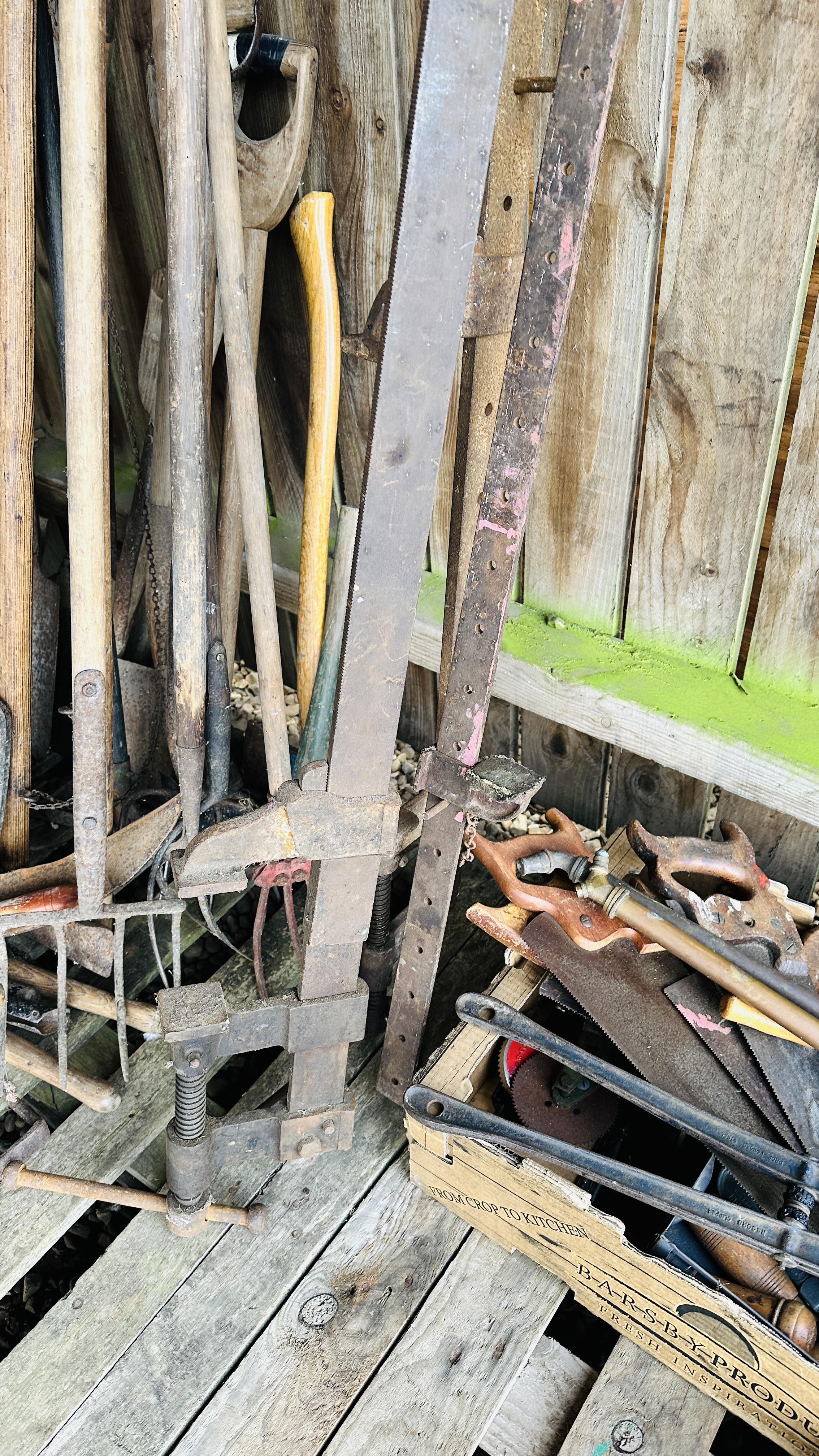 A COLLECTION OF VINTAGE HAND TOOLS TO INCLUDE SAWS, MEASURES AND HAUGES, HAND BRACE, PLIERS, - Image 6 of 7