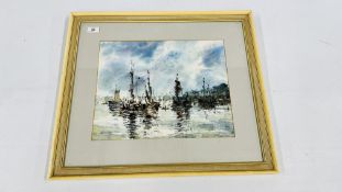 A FRAMED AND MOUNTED WATERCOLOUR DEPICTING A HARBOUR SCENE BEARING SIGNATURE TOM ASBRIDGE,