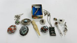 COLLECTION OF 'MIRACLE' & SCOTTISH JEWELLERY TO INCLUDE PENDANTS AND BROOCHES.