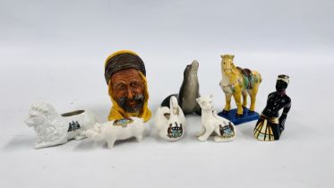 A GROUP OF CABINET ORNAMENTS AND COLLECTIBLES TO INCLUDE CRESTED WARE, USSR SEAL,