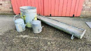 GROUP OF GALVANISED ITEMS INCLUDING TWO WATERING CANS, FEEDING TROUGH AND SWING BUCKET (NO HOLDER).